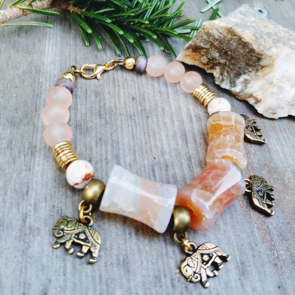 Valentine Agate, Amethyst, Matte Champagne Pink Glass & Elephant Charm Bracelet